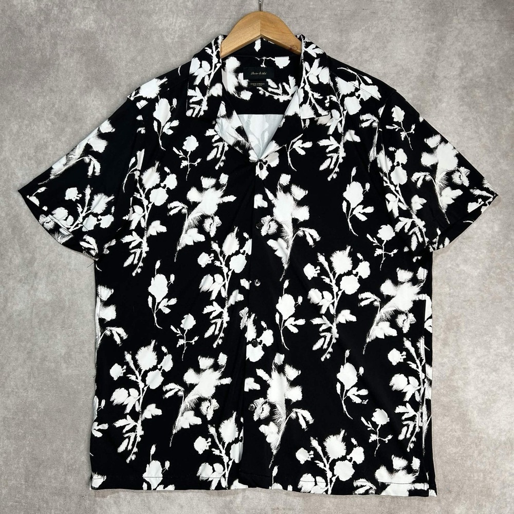 Porter and Ash Shirt Mens Large Kinetic Stretch Hawaiian Floral Black White
